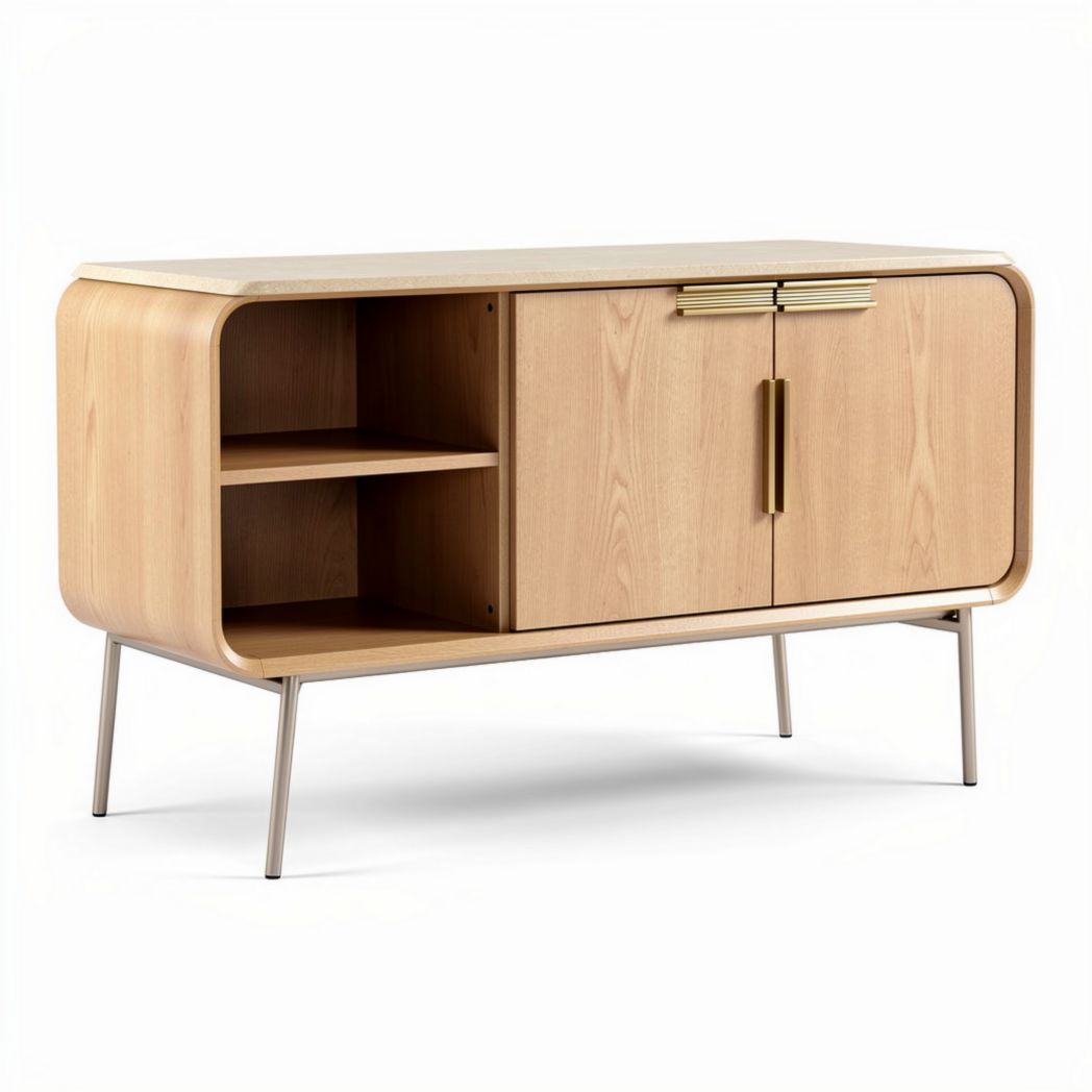 Buffet em madeira natural com portas e prateleiras 120 x 40 x 75cm