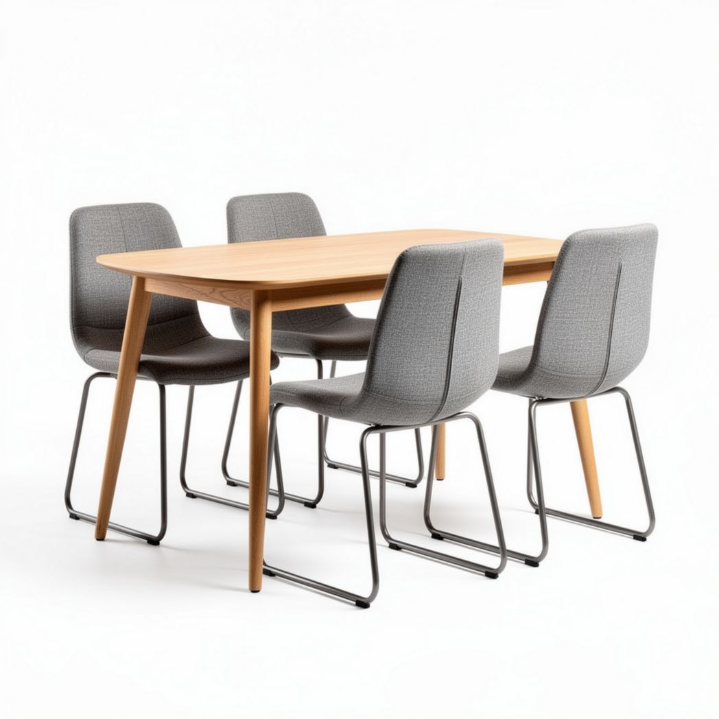 Conjunto de mesa de jantar em madeira com quatro cadeiras cinzentas 150 x 90 x 75cm
