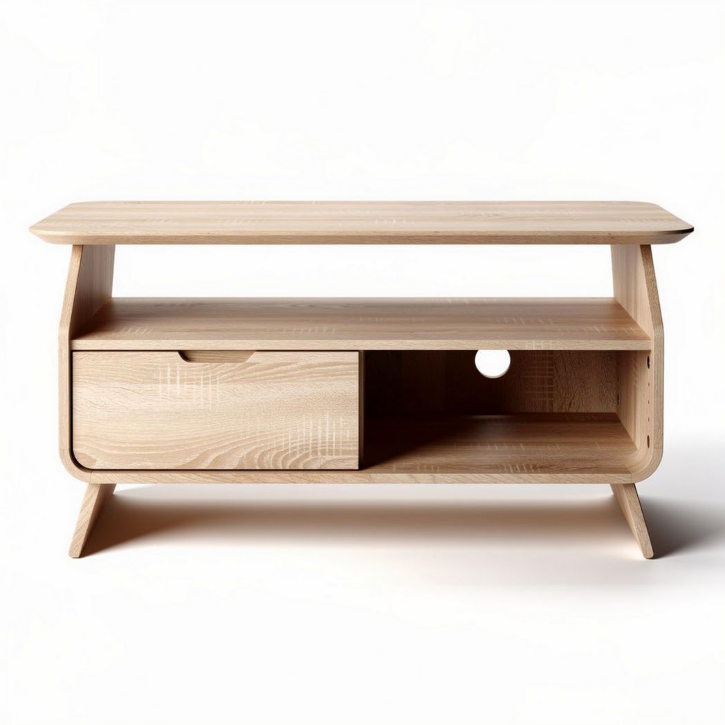 Mesa de centro em madeira clara com gaveta e prateleira 120 x 45 x 45cm