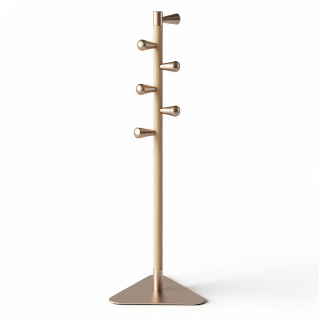 Suporte vertical para roupas em metal e madeira 30 x 10 x 120cm cor dourada