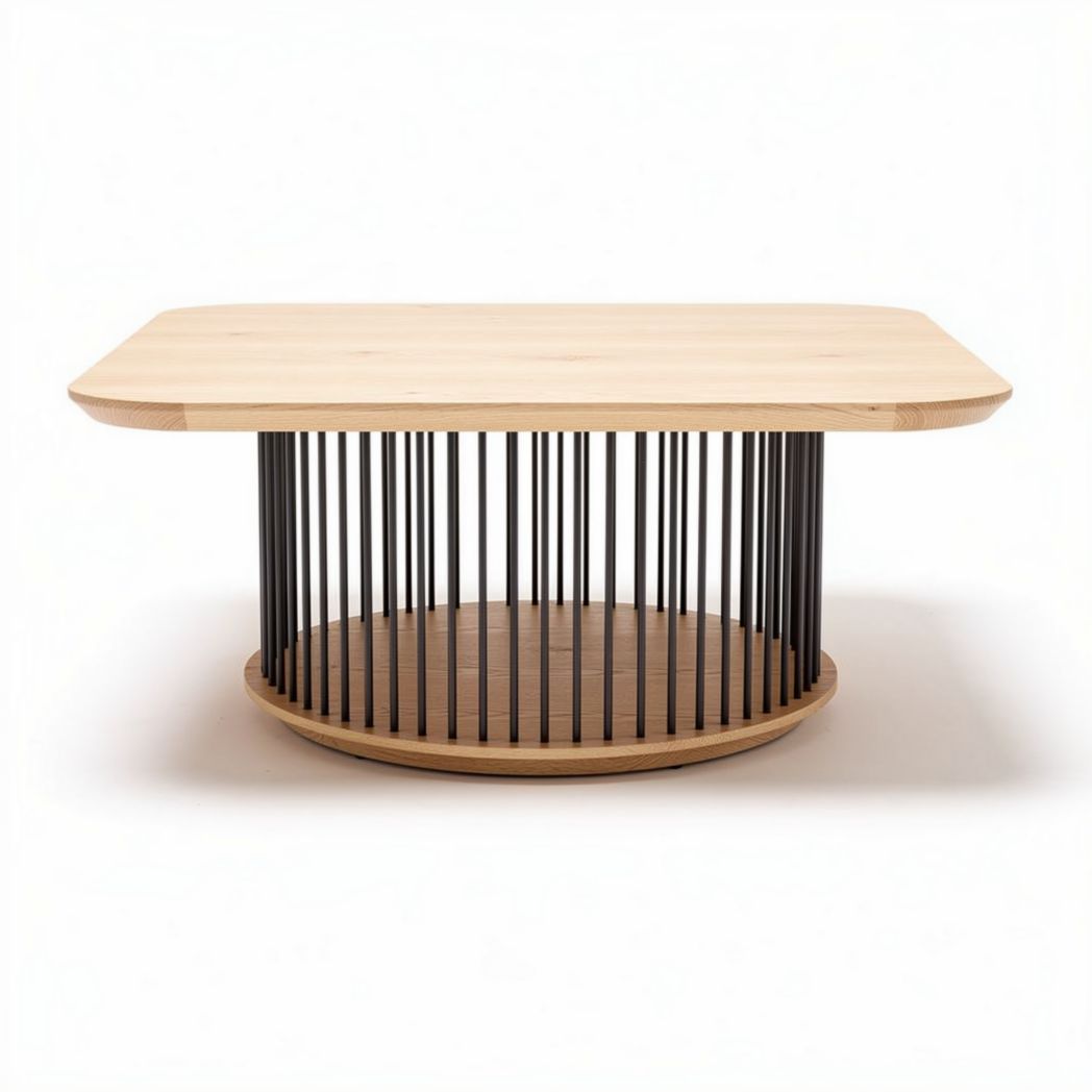 Mesa de centro em madeira natural e metal preto 90 x 60 x 35cm